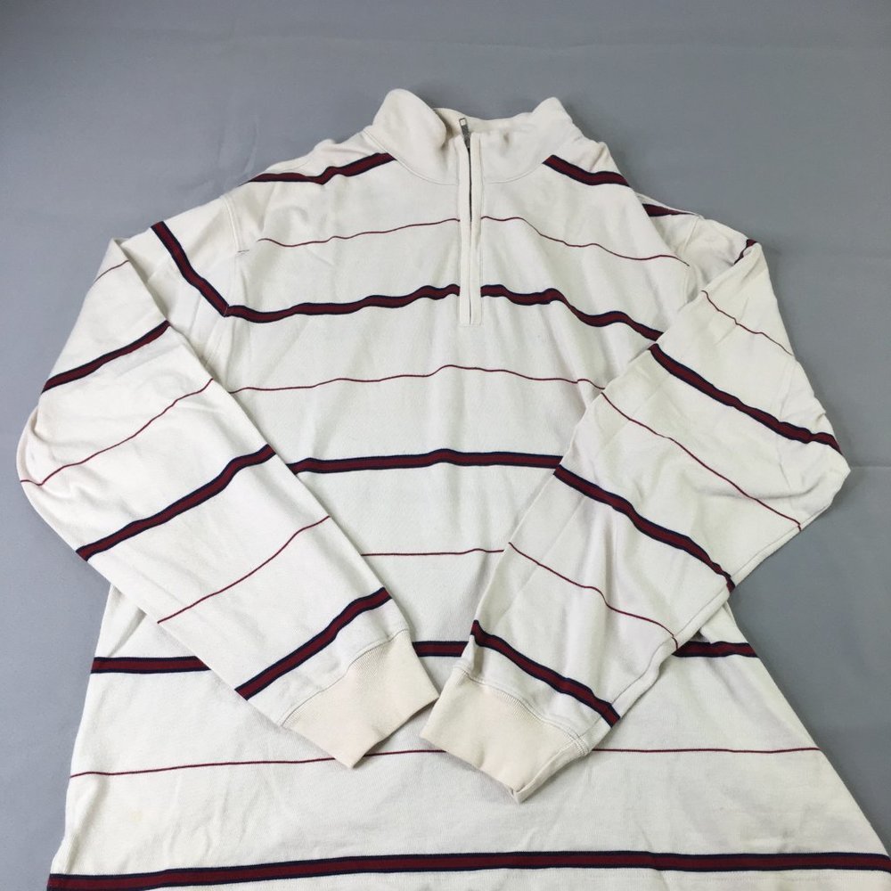 Talbots Sweater Mens Beige Red Blue Large Striped 1/4 Zip Long Sleeve Sweatshirt